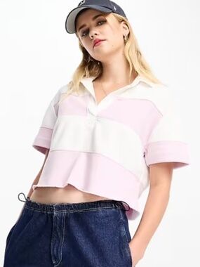 Abercrombie & Fitch Soft AF Lilac Stripe Cropped Polo Rugby Sweatshirt Size S